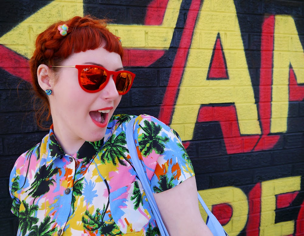Styled by Helen: Amazing Spectacles Scottish Blogger, Red Head, Ginger, Styled by Helen, Dundee, Amazing Spectacles, Graffiti, Tropical shirt, Luna on the Moon, Hair Slides, pom pom, Sun Glasses Shop, velvet sunglasses, rayban, Ray-Ban, Cheap Frills heart earrings, bright outfit, summer outfit, summer style