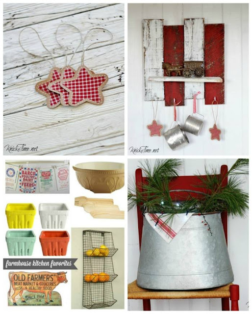 Christmas projects - gingham and brown paper ornaments, pallet wood Christmasshelf, farmhouse decor Christmas wish list, rusty vintage style bucket for Christmas - KnickofTime.net