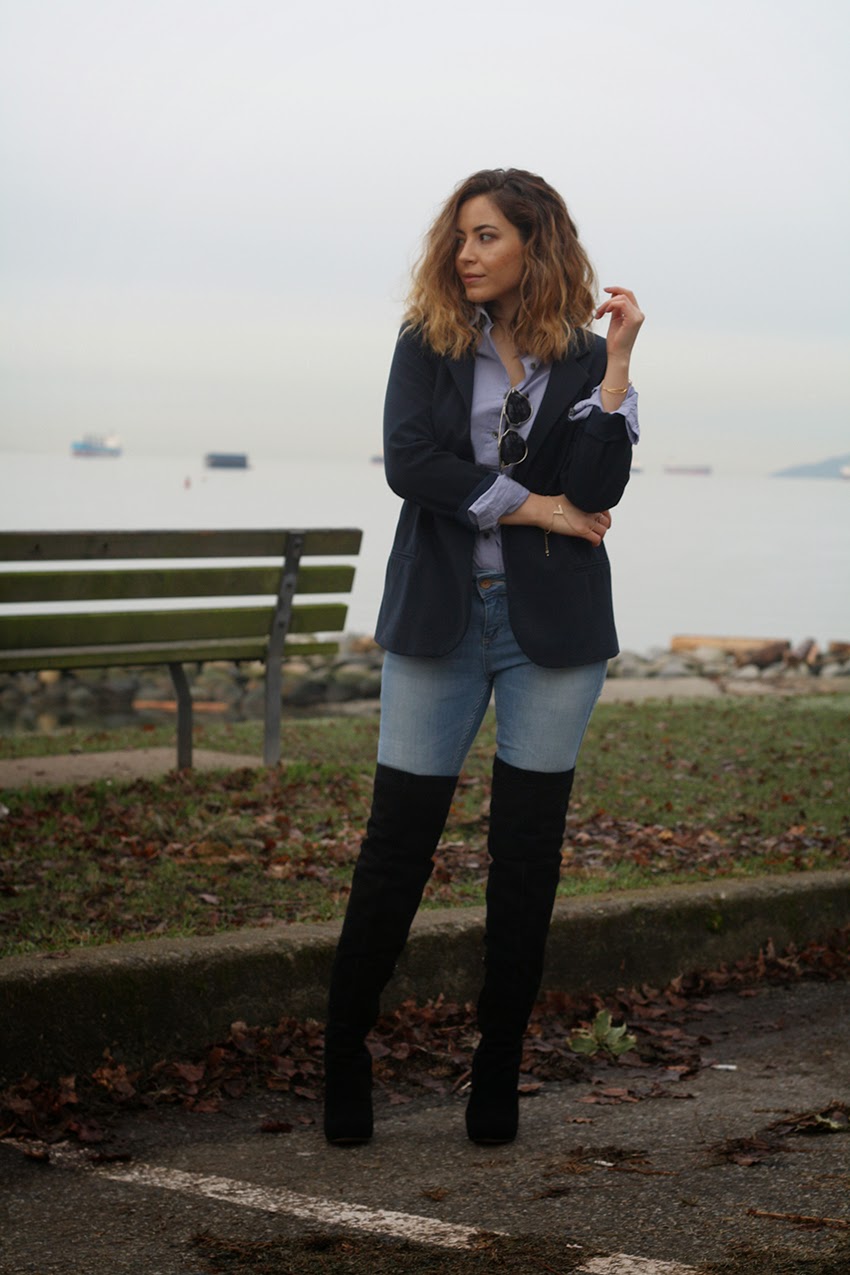 blazer and over the knee boots