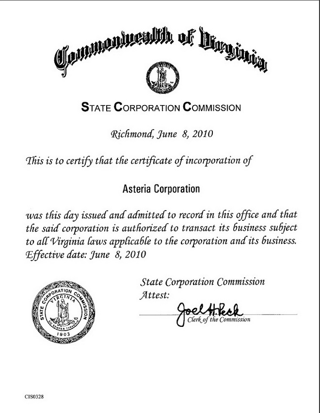 Company Certificate - Registered in Virginia, USA