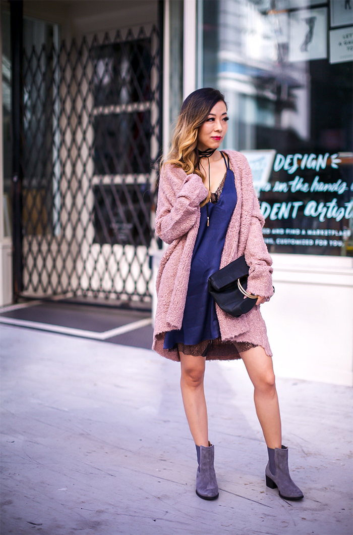 Shall We Sasa Fall uniform Lucy paris slip dress, slip dress, free people v neck cardigan, hush puppies ankle boots, whiting and davis bag, baublebar choker, fall essential, fall uniform, san francisco fashion blog, san francisco street style