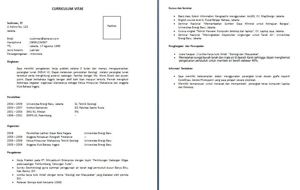 Curriculum Vitae Format Doc File Bahasa Indonesia