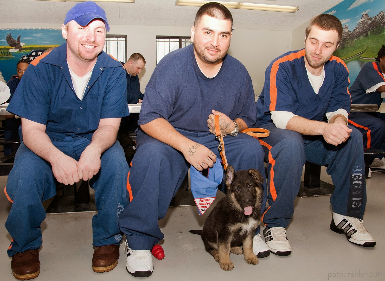 Three men dressed in prison blue uniforms sit side by side on lunchroom stools. The man on the left has his forearms on his knees and is wearing a blue baseball hat, he is smilling at the camera. The man in the middle is holding the leash of a small german shephard puppy who is sitting between his feet on the floor. The man is holding the blue Future Leader Dog blue bandana in is right hand hanging down next to the puppy. This man is grinning at the camera. The man on the right also has his forearms on his knees and he is looking at the puppy. There are a few men in the background.