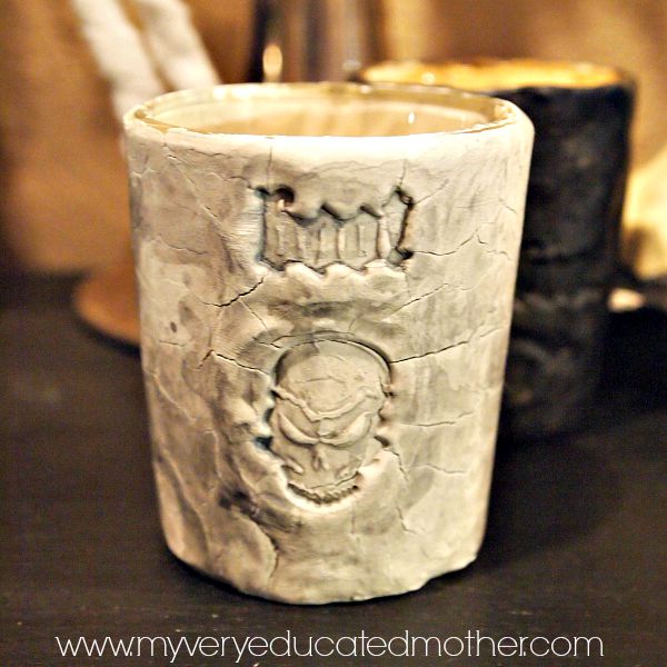 Super Easy DIY Halloween Candle Holders with Clay and PSA Essentials Peel & Stick Stamps. They're Spooktacular! 