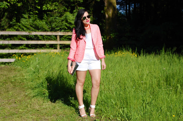 Gap neon blazer,Express tank top,white shorts,Topshop sandals, Ela Handbags mirror editor's pouch