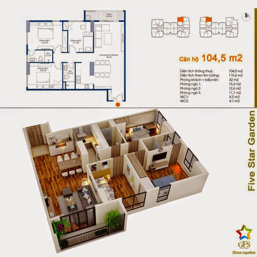 Thiết kế căn hộ 104,5 m2 Chung cư Five Star Kim Giang