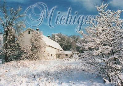 Michigan barn surrounded by trees in the snow