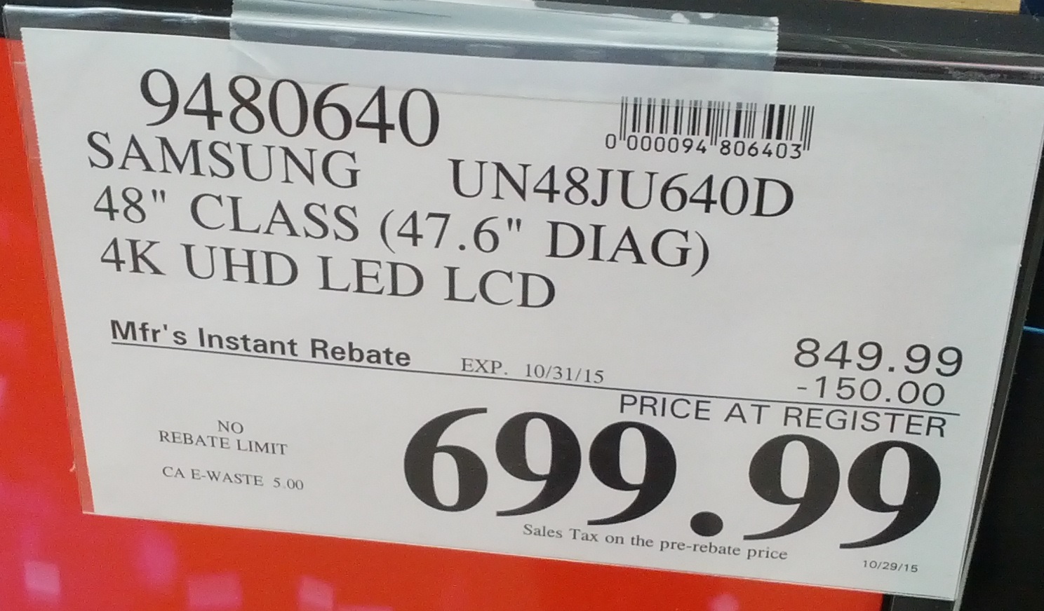 Samsung UN48JU640D 48" Smart UHD LED LCD Costco Weekender