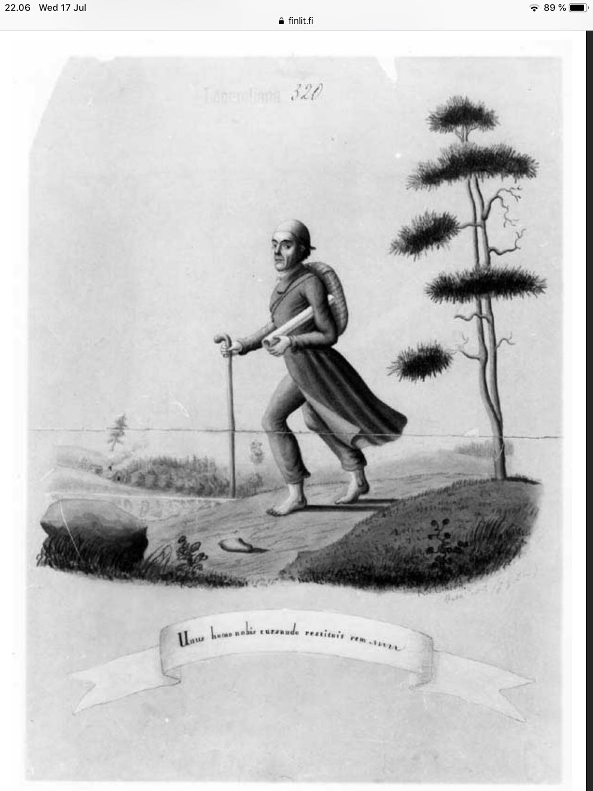 Cartoon making fun of Lönnrot as the bare foot wanderer