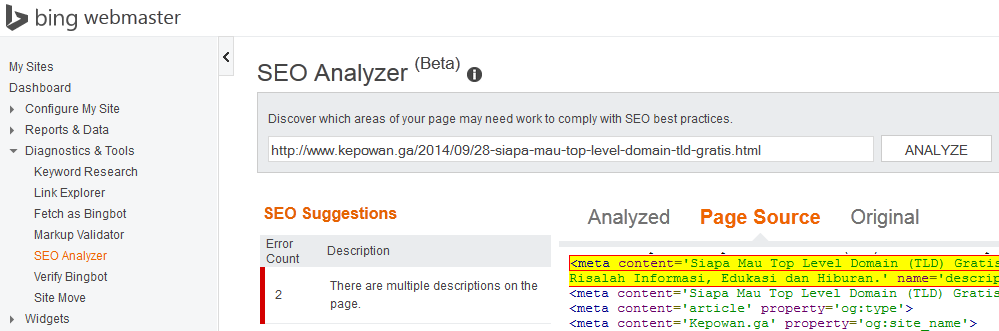 Kepowan-MemperbaikiDataTerstrukturSitusWebBlogBingWebmasterSEOAnalyzer.png | Markup Validator adalah sumber daya lainnya yang disediakan Bing Webmaster untuk membantu webmaster mengetahui apakah Markup yang diaplikasikan telah valid dengan cara menyampaikan URL. Bila merasa kurang puas maka bisa mengaplikasikan SEO Analyzer.