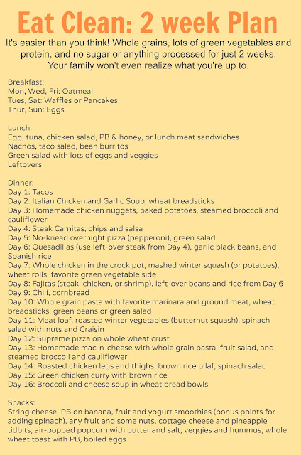 Eating Clean Meal Plan (2 weeks of B,L,and D plus snacks ideas) Very family and budget friendly...