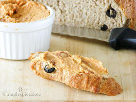 Sun-Dried Tomato and White Bean Spread with Black Olive Rye Bread.