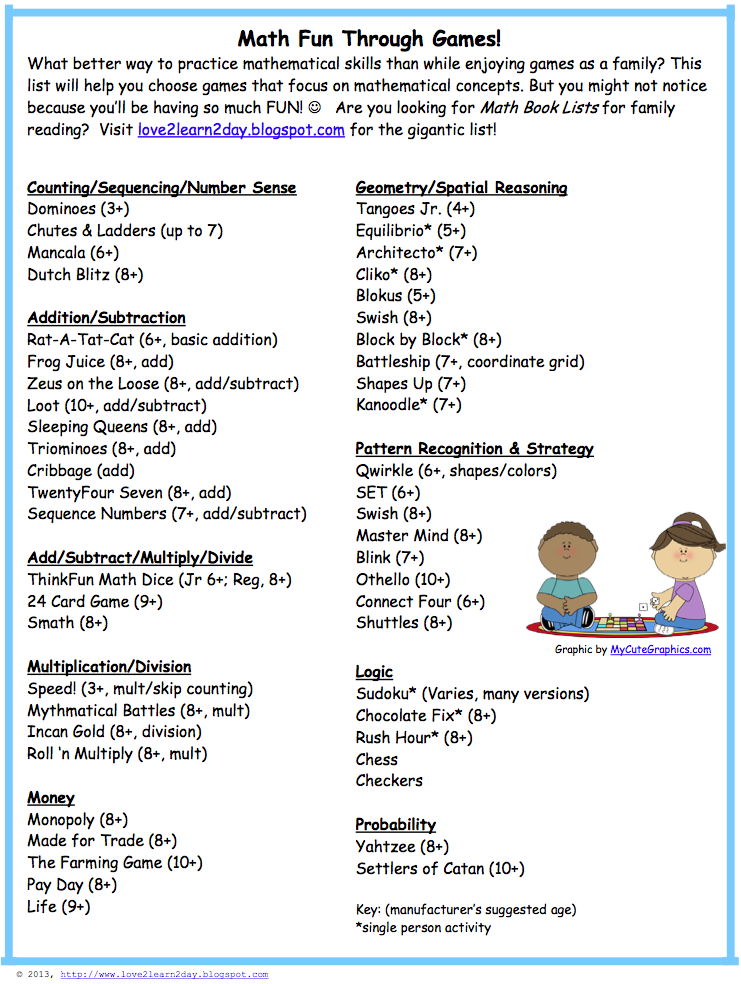 love2learn2day Math Game List for Teachers and Parents! (freebie)