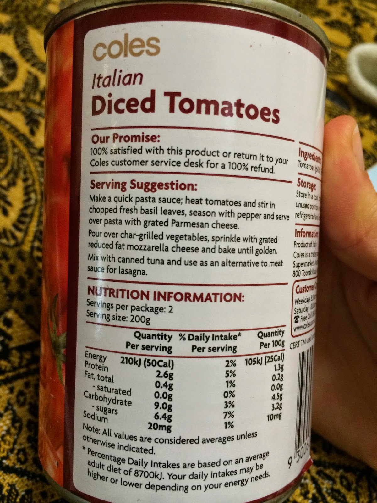 GlutenFree Vegan Food Labels Coles Italian Diced Tomatoes 400g