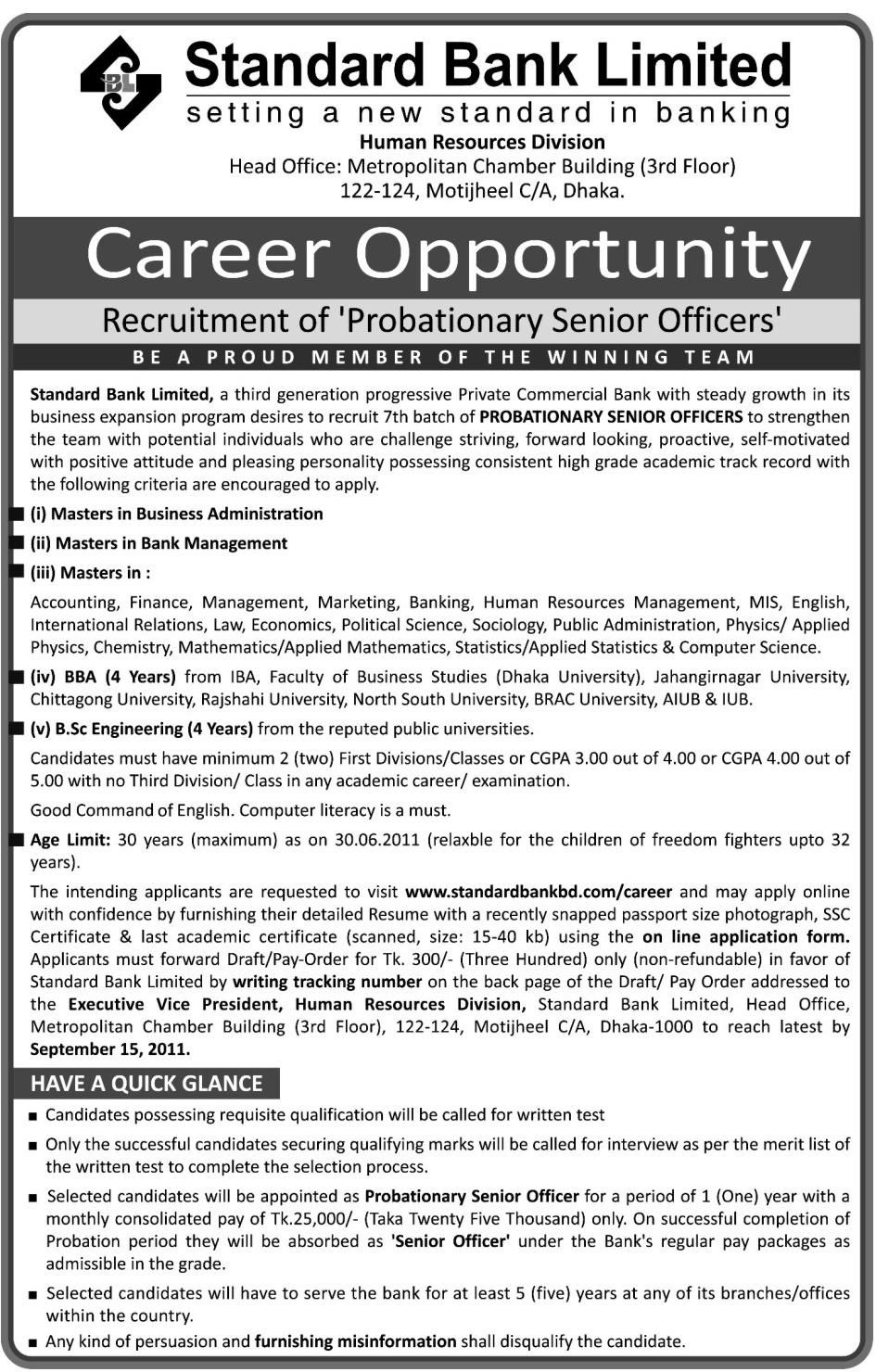 Standard Bank Ltd Jobs, Deadline 1582011 Bangla Jobs