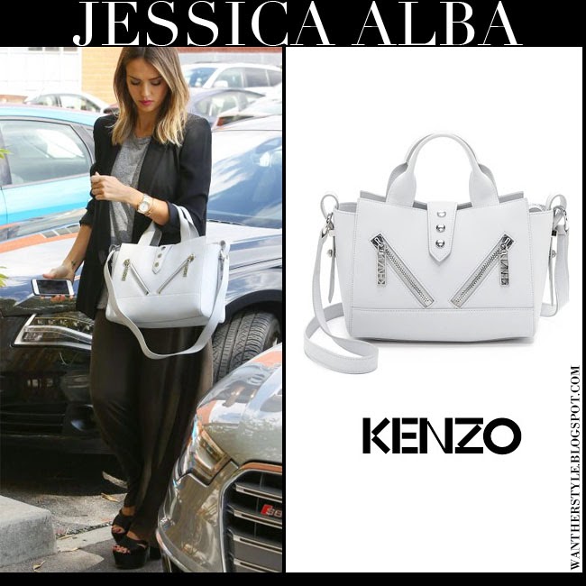 WHAT SHE WORE: Jessica Alba with white zipper leather Kenzo tote in