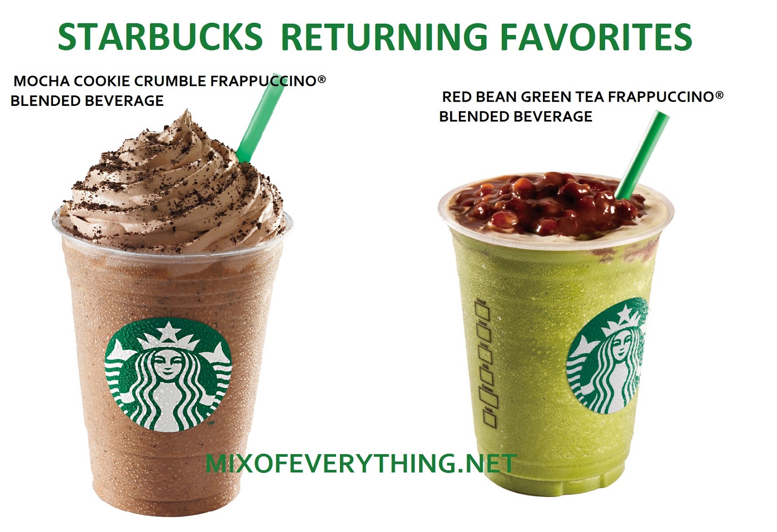 Starbucks brings back Mocha Cookie Crumble and Red Bean Green Tea Frappuccinos! Hello!