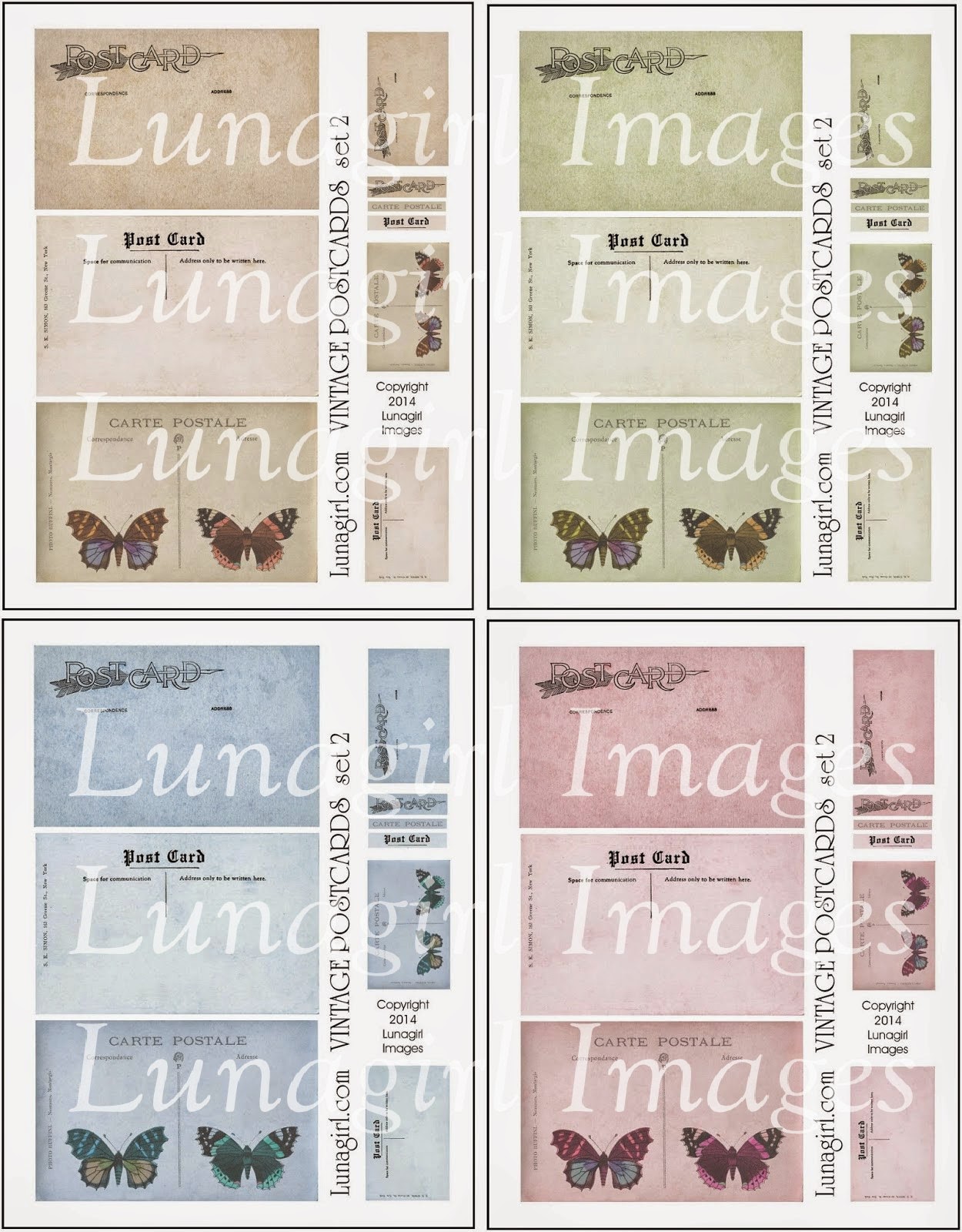  digital collage sheet, printable carte postale, tinted carte, vintage postcards to print