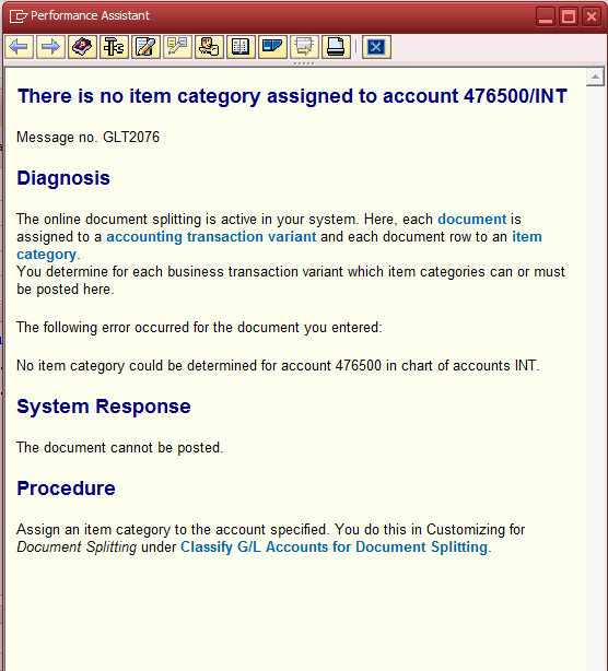 SAP Error GLT2076 There is no item category assigned to account