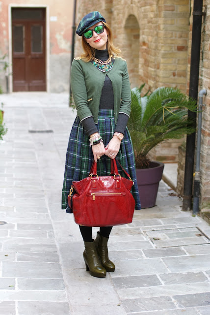 Green and blue tartans, Asos midi skirt, Prada red tote, tartan hat, Fashion and Cookies, fashion blogger