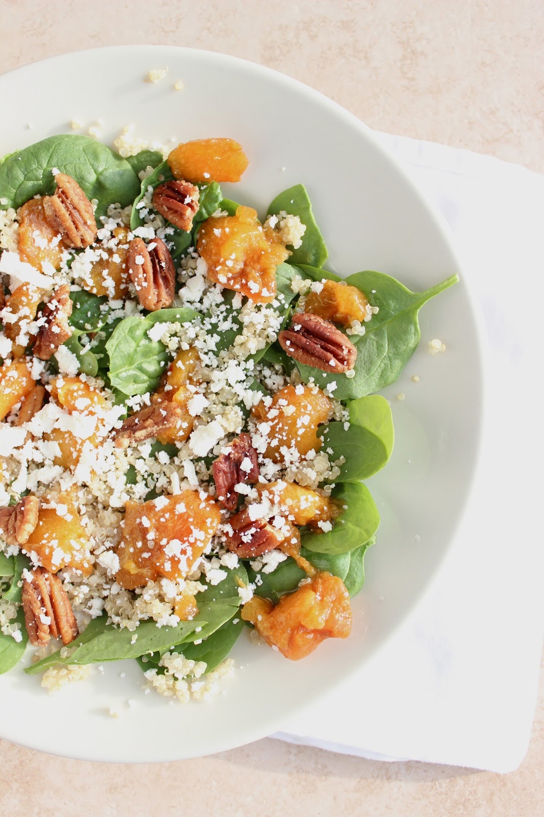 Stew or a Story Spinach Quinoa Salad with Peaches, Goat Cheese, and