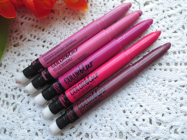 a picture of  Maybelline Color Blur Lip Pencil in ; I Like To Mauve It, I'm Blushing, My-My Magenta, Berry Misbehaved, Plum Please 