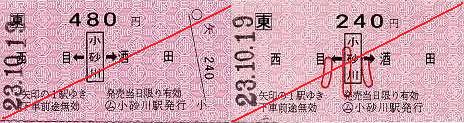 JR東日本　小砂川駅　常備軟券乗車券2　矢印式　