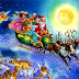 Santa con angeles entregando regalos en su trineo
