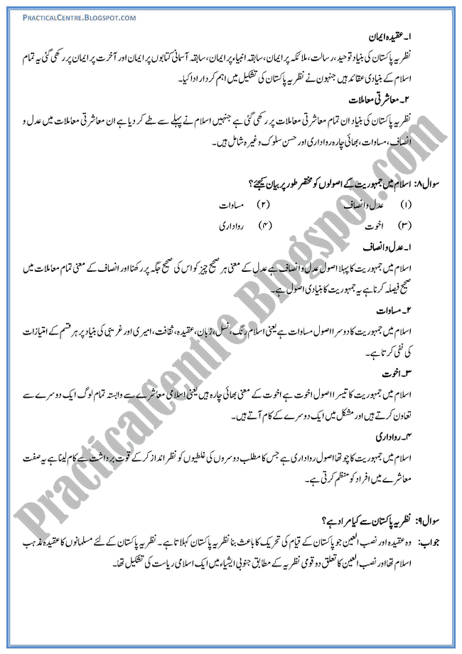 ideological-basis-of-pakistan-short-question-answers-pakistan-studies-urdu-9th