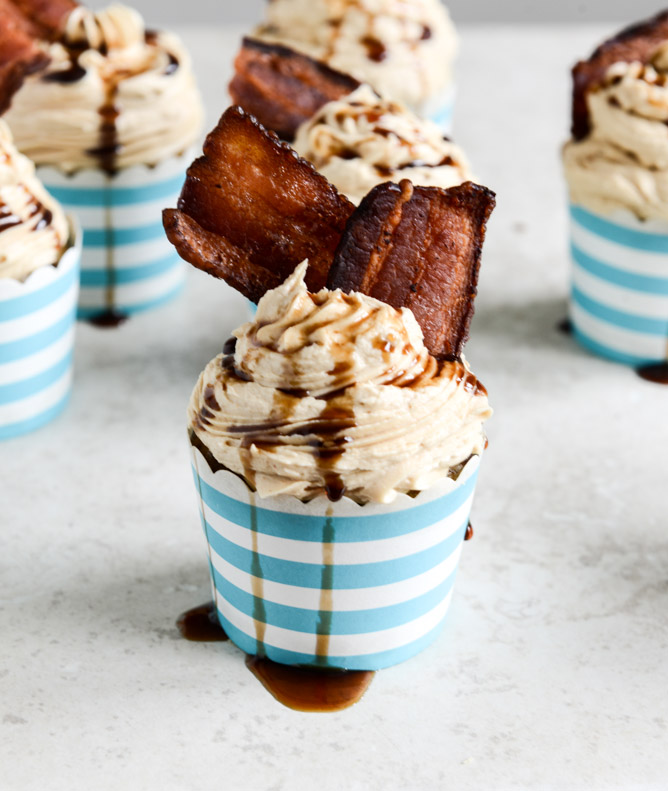 Bacon Banana Cupcakes with Peanut Butter Frosting and Bourbon Drizzle