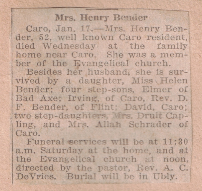 The Cozy Cuzn Corner Scrapbook Mrs. Henry Bender Death Notice