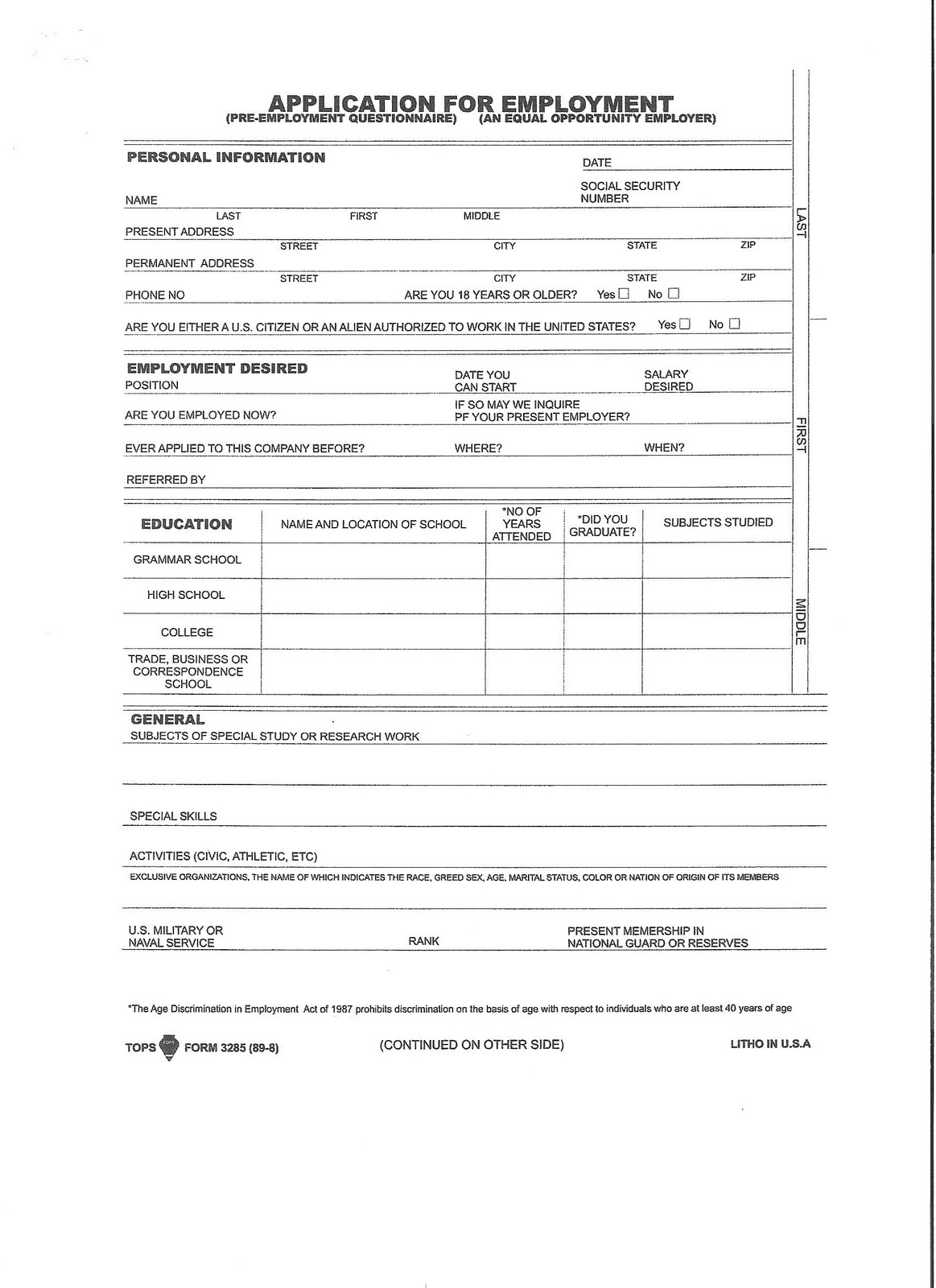 Printable Blank Employment Application Form