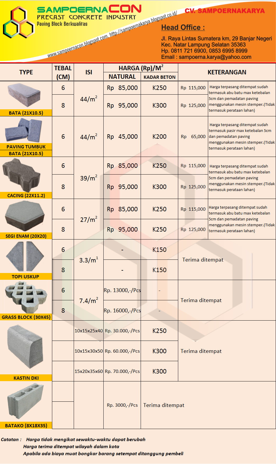 Daftar Harga Panel beton dan Paving block Lampung