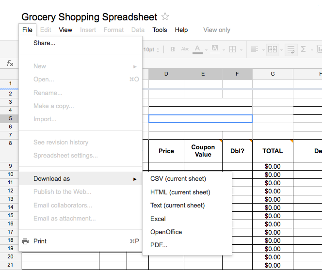 shopping spreadsheet