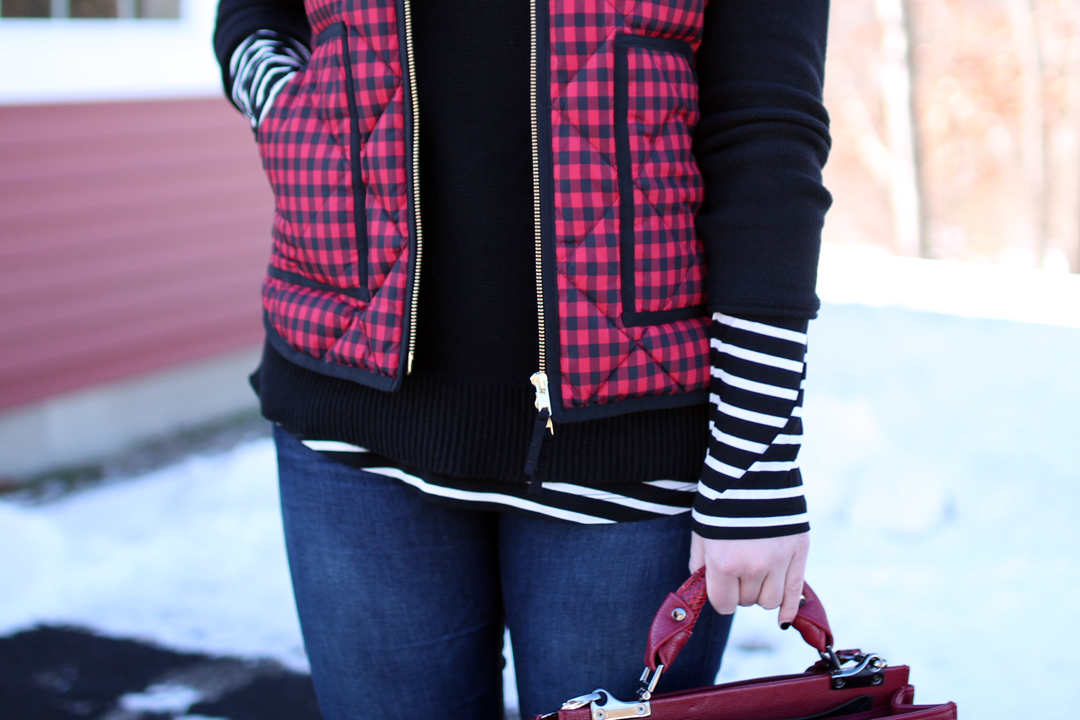 j.crew puffer vest buffalo plaid, boston style blogger, winter layers, red and black buffalo plaid, old navy striped top, black sweater, ray-ban aviators, topshop v-panel carry all purse,