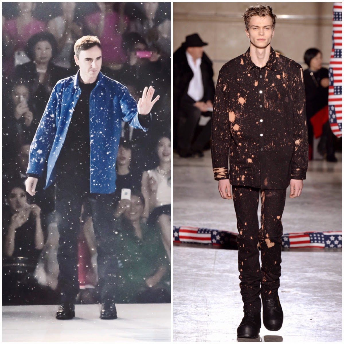 Raf Simons wears Raf Simons Sterling Ruby Fall Winter 2014 blue bleached paint splattered shirt at Christian Dior Esprit Dior Tokyo Runway Pre Fall 2015 Show 11th December 2014