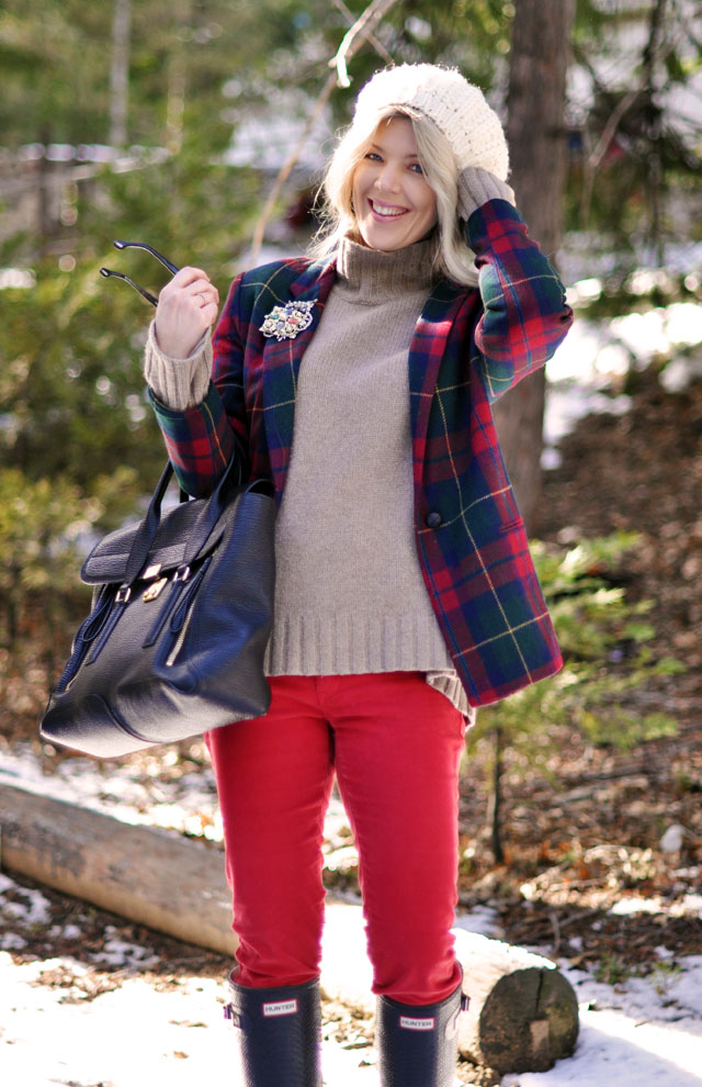 plaid jacket, red pants, hunter boots