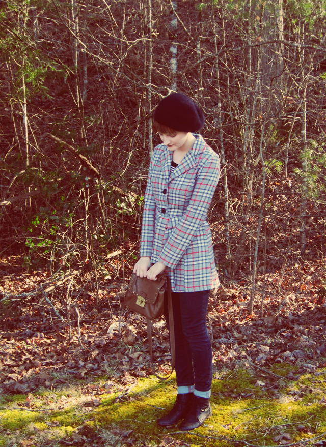 plaid coat, navy beret plaid coat, navy beret