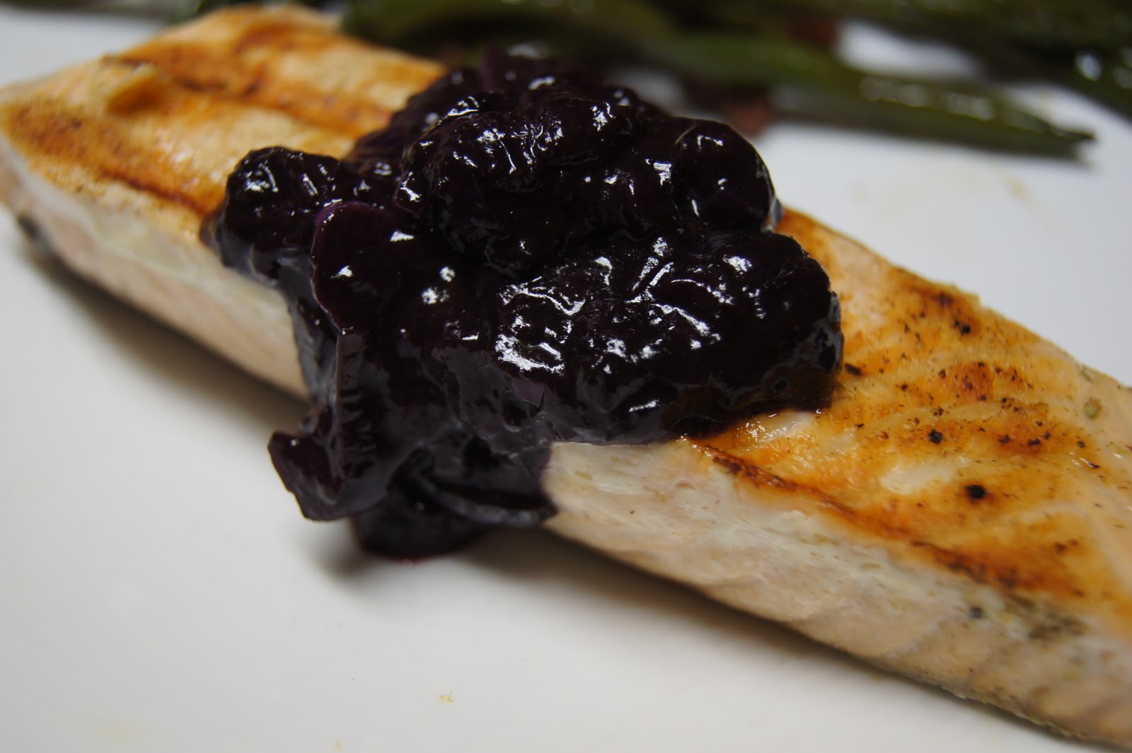 The CaveWomans Kitchen Grilled Salmon with Quick Blueberry Pan Sauce