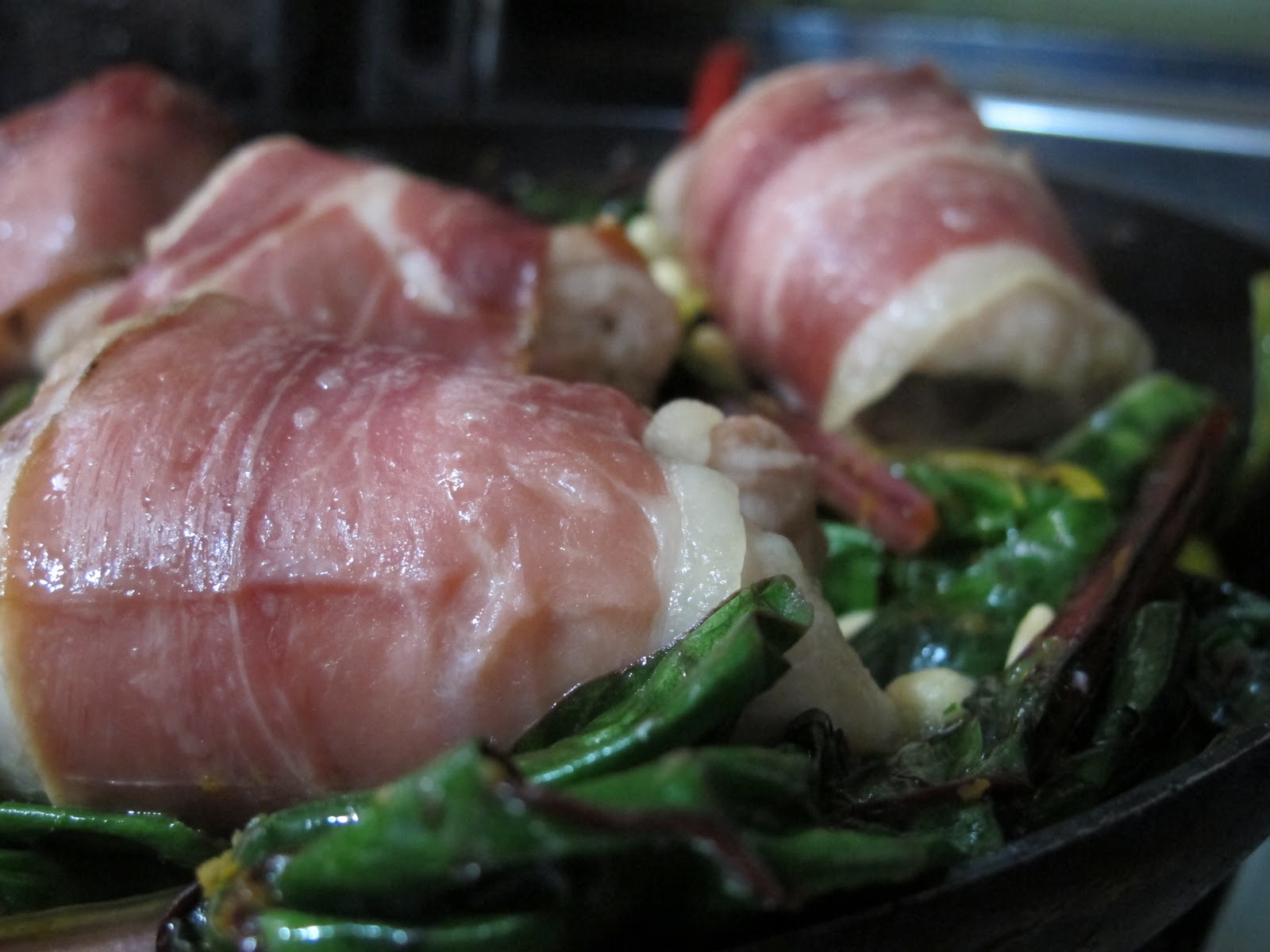 muppys Prosciutto wrapped chicken with sage, rainbow chard and pine nuts