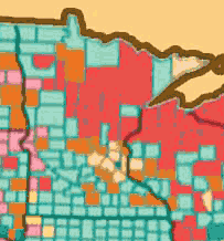 Closeup of the Minnesota map, showing large green and red swaths
