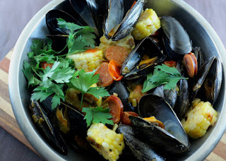Steamed Mussels with Andouille and Corn