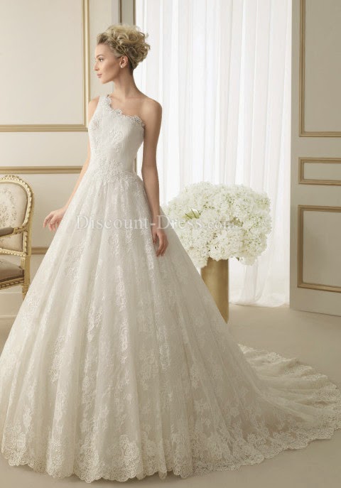  Timeless A line Floor Length One Shoulder Lace Sleeveless Wedding Dress