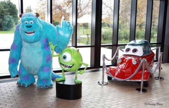 pixar characters statues in hallway