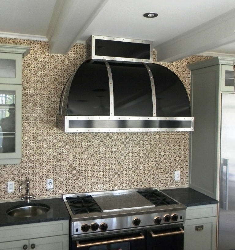 Custom Range Hoods Striking Black with stainless and brass range hood