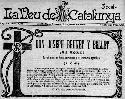 Esquela de Josep Brunet i Bellet fallecido el 17 de enero de 1905