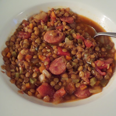 Lentil Soup:  A bold and spicy soup with hot Portuguese sausage and healthy lentils.