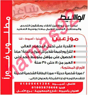 وظائف خالية من جريدة الوسيط الصعيد الجمعة 08-11-2013  مطلوب للعمل بشركة توزيع كبرى فى الصعيد الوظائف التالية و هى   مشرفى مبيعات و مندوبى مبيعات و محاسبين و امناء مخازن و عمال  مخازن و سائقين رخصة ثانية و سائقى ونش شوكة و افراد امن للاتصال  على الرقم المو %D9%88+%D8%B3+%D8%B5+2