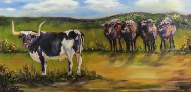 Just Call Me Lucky! Texas longhorn bull with four heifers, oils on canvas ***SOLD!