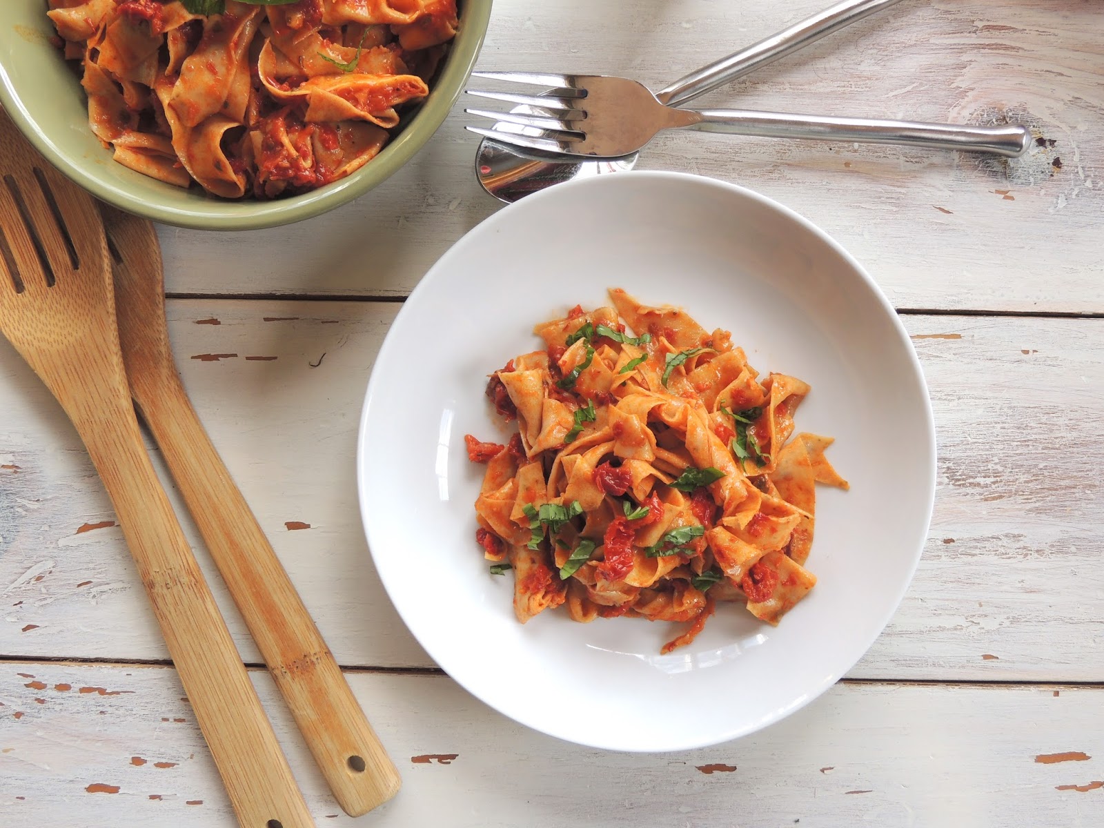 Leave a Happy Plate Fresh Basil Pasta with Sundried Tomato Sauce